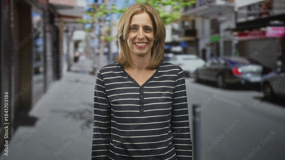 Fototapeta premium Woman smiling, face visible on street, wearing striped top and standing near parked cars and sidewalk; contentment everyday life.