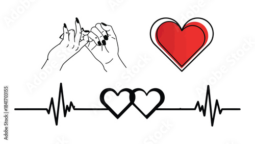 A collection of love symbols including pinky promise, red heart, and heartbeat graphic
