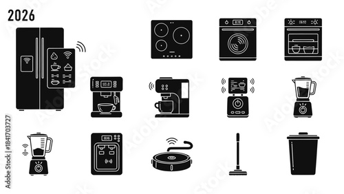 Smart home appliances collection vector icons of futuristic kitchen technology