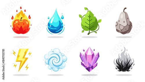 Stylized elemental icons fire water leaf stone lightning wind crystal smoke