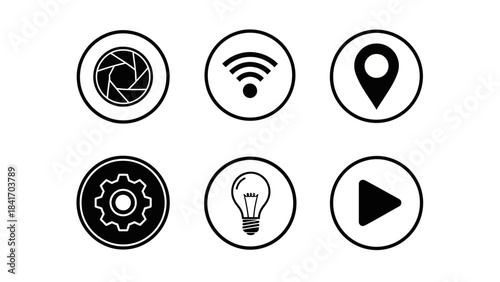 Set of various circle icons aperture wi fi location settings bulb play