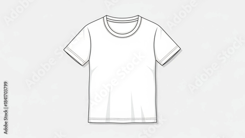 A clean, minimalist vector illustration of a blank white short-sleeved t-shirt template shown from a front-facing perspective. The design features precise black outlines, a classic crew neck.