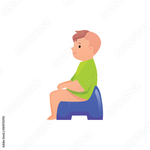 Cute baby boy sitting on blue potty, vector cartoon smile toddler learning to use potty, first year old infant hygiene
