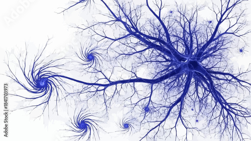 Vibrant blue fractal network illustration showcasing abstract neural connections and digital information flow with dynamic energy effects