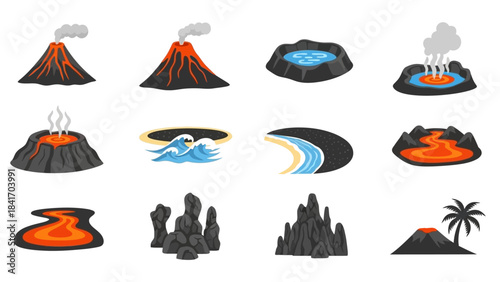 Volcano and landscape illustrations vector icons depicting natural phenomena