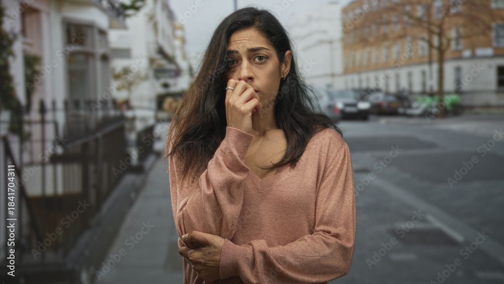 Fototapeta premium Woman biting nails with hand to mouth and arm folded on a street lined with townhouses and parked cars; worry.