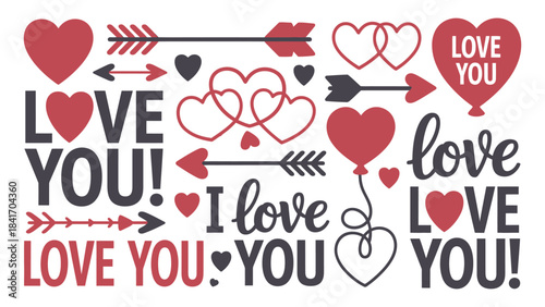 A collection of love-themed elements featuring hearts, arrows, and "i love you" text