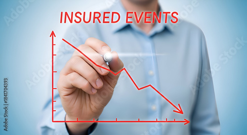 Businessman drawing a downward trend graph with red marker pen, illustrating decreasing insured events over time, on a blue background