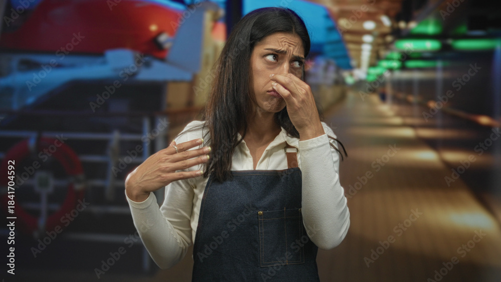 Fototapeta premium Woman pinches nose and covers mouth with hand wearing denim apron on studio boat deck set with visible lifebuoy and railing; disgust smell complaint.