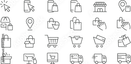 E-Commerce Shopping Icons Set – Delivery, Online Store, Cart, Bag, Checkout, Location, Delivery Truck, Shipping & Retail Line Icons Collection