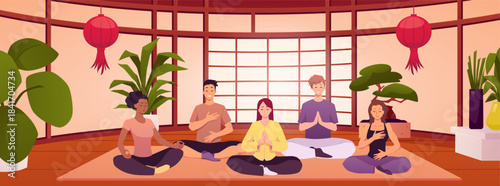 People in lotus posture makes calm breathing exercise and meditation in Japanese room interior vector flat illustration