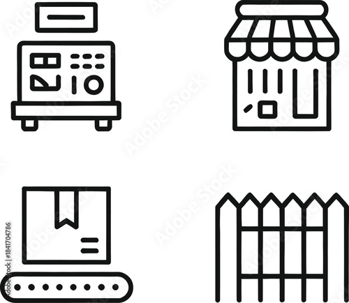 Retail and Delivery Line Icons – Storefront, Package Conveyor, POS Machine, Fence, Logistics and Shop Outline Icon Set