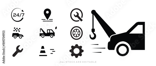 Tow truck silhouette, Tow truck icon, Vehicle Recovery Silhouette, Car repair, Wrench, Wheel and Cone icon set isolated on white. vector illustration
