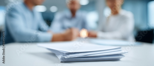 Three people are sitting at a table with papers in front of them, but the focus is on those documents rather than what they're doing or saying to each other