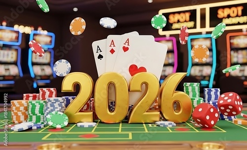 Golden 2026 numbers with casino elements like chips, dice, and playing cards