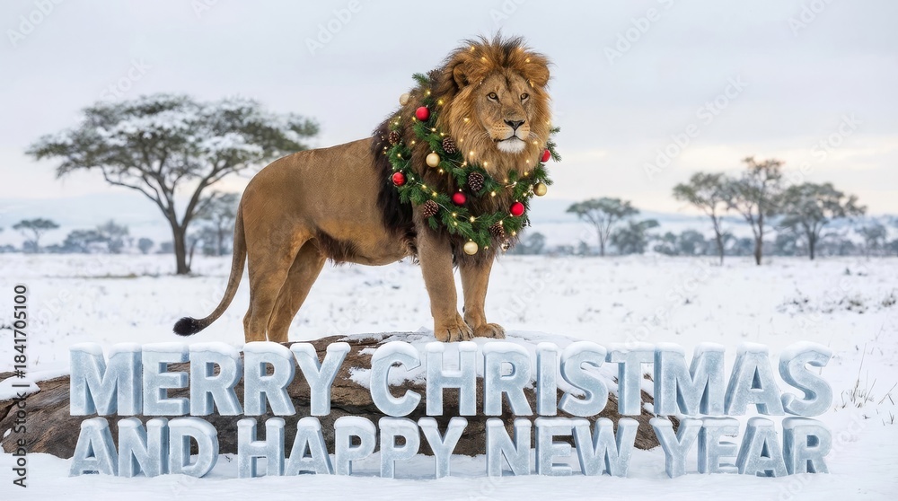 Naklejka premium Festive Lion Celebrates Christmas - A majestic lion adorned with a Christmas wreath stands proudly in a snowy landscape, wishing Merry Christmas and Happy New Year