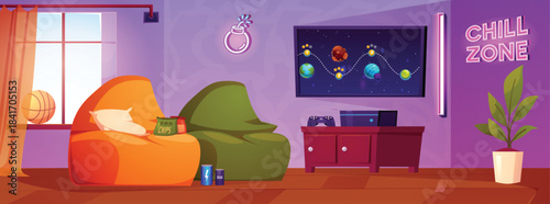Interior design of teenage gamer room with gaming console and big screen, vector flat Chill zone for play video games