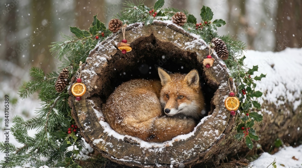 Obraz premium Fox in Log Home November - A fox rests inside a snowy log, decorated with festive elements. Symbolizing warmth, nature, winter, holidays, and serenity during the November season