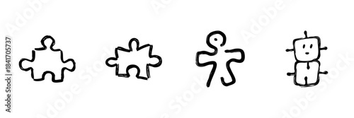 Puzzle Piece And Human Figure Line Icon Set In Doodle Style. Problem Solving, Teamwork, And Human Connection Outline Sketch Collection. Hand Drawn Isolated Vector Illustration