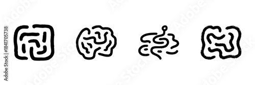 Abstract Maze Patterns Line Icon Set In Doodle Style. Creative Problem Solving And Complexity Representation Outline Sketch Collection. Hand Drawn Isolated Vector Illustration