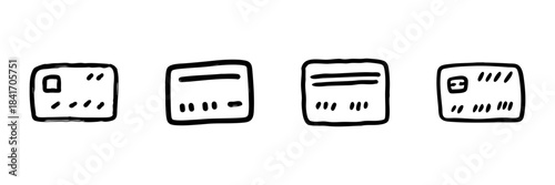 Credit Card Line Icon Set In Doodle Style. Financial Transactions, Payment Methods, And Banking Outline Sketch Collection. Hand Drawn Isolated Vector Illustration