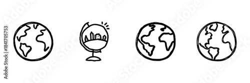 Earth And Globe Line Icon Set In Doodle Style. Global Awareness, Geography Education, And World Exploration Outline Sketch Collection. Hand Drawn Isolated Vector Illustration