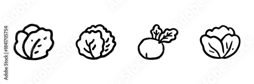 Vegetable Line Icon Set In Doodle Style. Cabbage, Lettuce, And Radish Outline Sketch Collection. Healthy Eating And Nutrition Symbols. Hand Drawn Isolated Vector Illustration