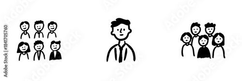 Group Of People And Individual Line Icon Set In Doodle Style. Teamwork, Leadership, And Community Representation Outline Sketch Collection. Hand Drawn Isolated Vector Illustration