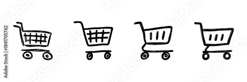 Shopping Cart Line Icon Set In Doodle Style. E-Commerce, Online Shopping, And Retail Marketplace Outline Sketch Collection. Hand Drawn Isolated Vector Illustration