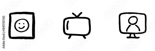 Smiley Face, Television, And Computer Screen Line Icon Set In Doodle Style. Communication, Entertainment, And Digital Interaction Outline Sketch Collection. Hand Drawn Isolated Vector Illustration