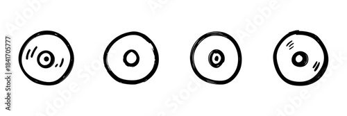 Cd Or Dvd Disc Line Icon Set In Doodle Style. Digital Media Storage And Data Backup Outline Sketch Collection. Optical Disc Technology Representation. Hand Drawn Isolated Vector Illustration