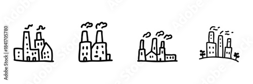 Factory And Industrial Buildings Line Icon Set In Doodle Style. Manufacturing, Production, And Urban Development Outline Sketch Collection. Hand Drawn Isolated Vector Illustration