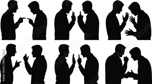 a collection of silhouetted figures engaging in animated conversation gesturing emphatically with hands and arms suggesting passionate discussion or debate high quality professional detailed