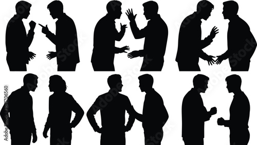 a series of silhouettes depicting men in varying stages of conversation and disagreement showcasing dynamic body language and potential conflict high quality professional detailed
