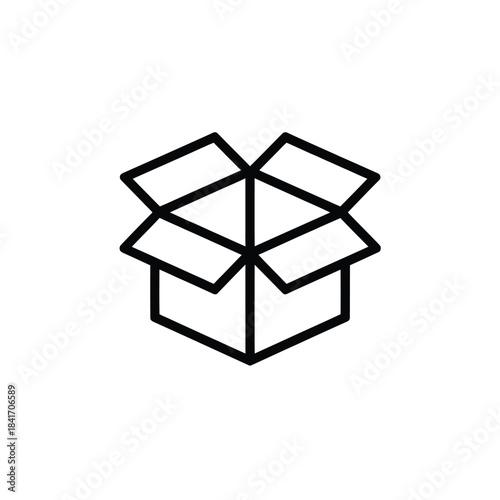 Minimalist black line icon of an open cardboard box for shipping and delivery