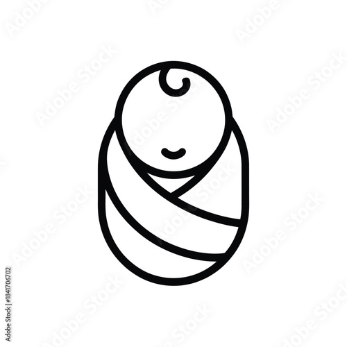Simple line art icon representing a peacefully sleeping newborn baby swaddled for care