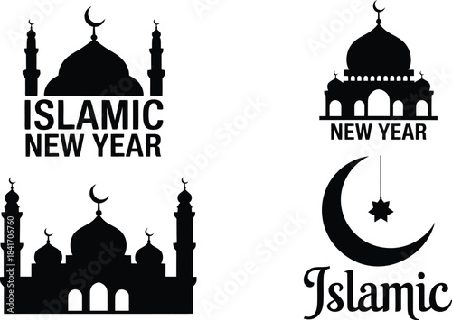 A collection of islamic new year themed silhouettes depicting mosques a crescent moon and religious text in black and white high quality professional detailed