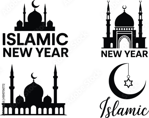 A collection of islamic new year themed graphics featuring mosque silhouettes a crescent moon and decorative text elements in black high quality professional detailed