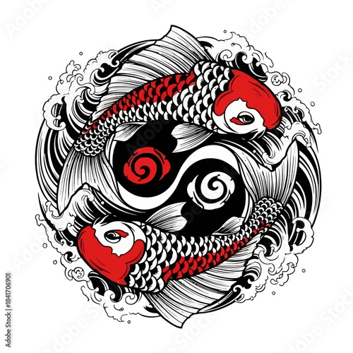 Yin Yang Symbol with Two Koi Fish and Swirling Waves, Black and White Illustration