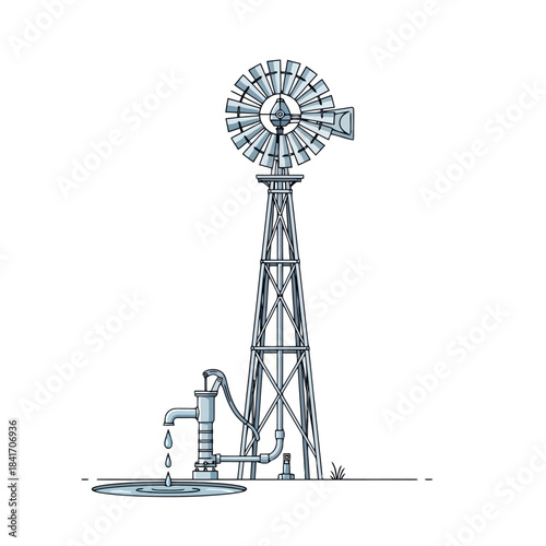 Vintage Farm Windmill and Water Pump Illustration with Water Droplets