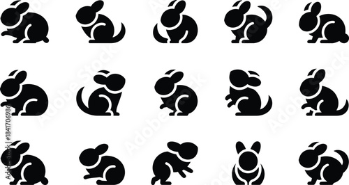a collection of stylized black silhouettes depicts various poses of a rabbit showcasing movement and form in a simple design high quality professional detailed