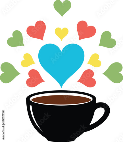 Colorful heart burst rising from coffee cup illustration symbolizing love, warmth, energy, and positive morning vibes