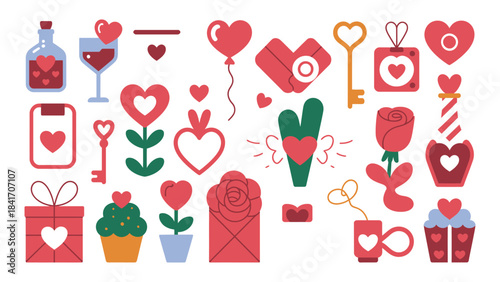Sweet collection of adorable flat-style icons for celebrating love and valentine's day
