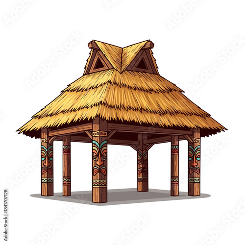 Traditional Tiki Hut with Thatched Roof and Carved Wooden Pillars in Tropical Style