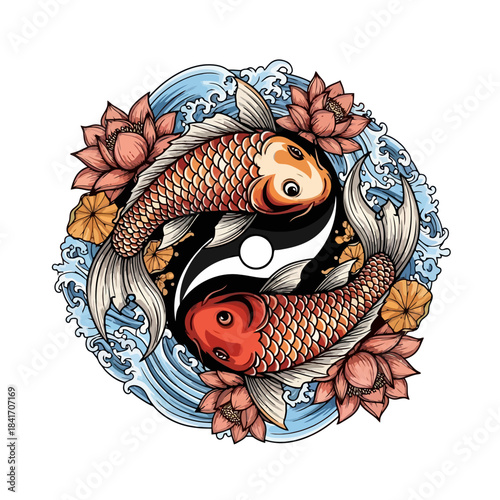 Yin Yang Koi Fish with Lotus Flowers and Waves, Japanese Culture Symbolism Vector