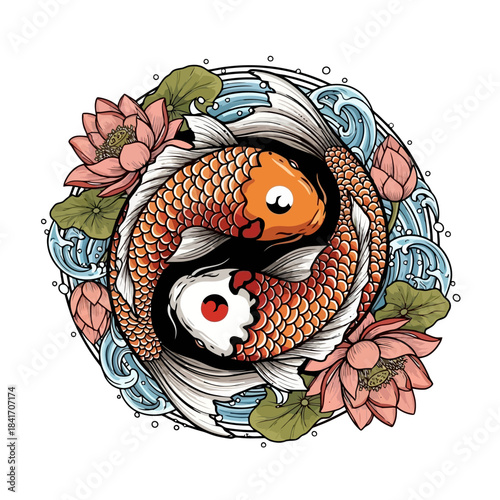 Yin Yang Koi Fish with Lotus Flowers and Water Waves, Symbolic Harmony and Balance