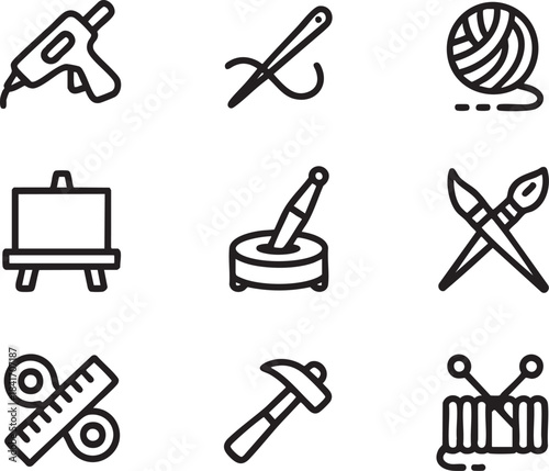 Set of nine black line art icons depicting crafting tools and supplies hobby sewing