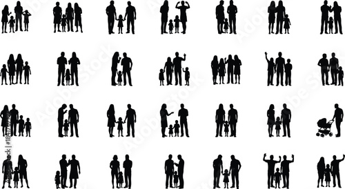 Vector Illustration of Parents and Children Standing Together in Various Poses, Representing Unity, Love, and Generational Bonds, Ideal for Design Projects