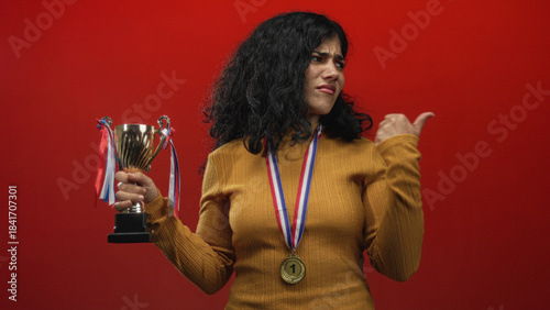 Fotografie Young arab brunette woman holds trophy and points thumb over shoulder in studio with red backdrop; reluctant pride