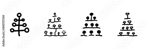 Abstract Christmas Tree Line Icon Set In Doodle Style. Festive Holiday Decoration And Symbolism Outline Sketch Collection. Whimsical And Creative Design. Hand Drawn Isolated Vector Illustration